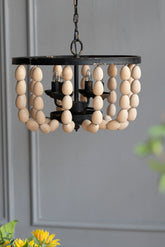 Beaded 4-Light Wood Chandelier - Cream